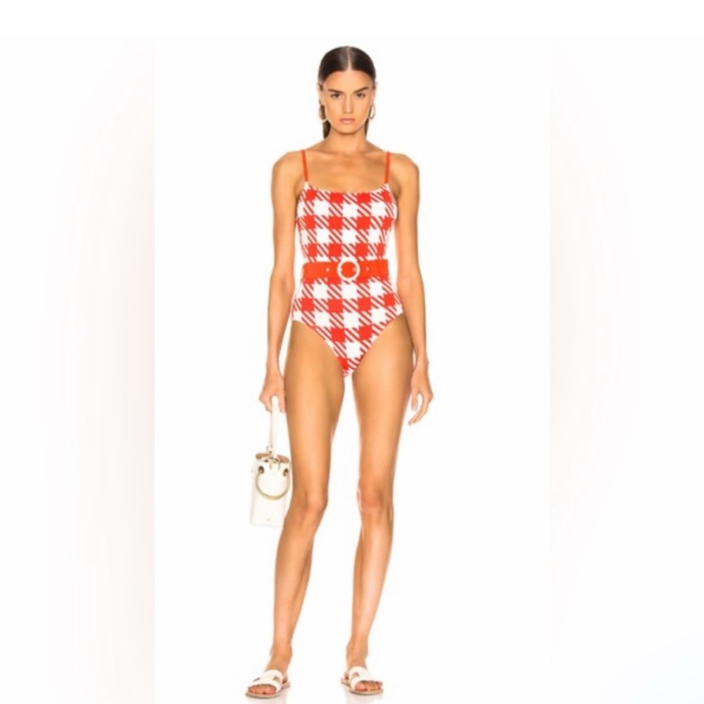 Solid and striped belted Red and White Checkered Swimsuit
